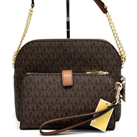 MICHAEL KORS Jet Set Travel Medium Dome Crossbody Bag & Double Zip Wallet Brown - Picture 5 of 13